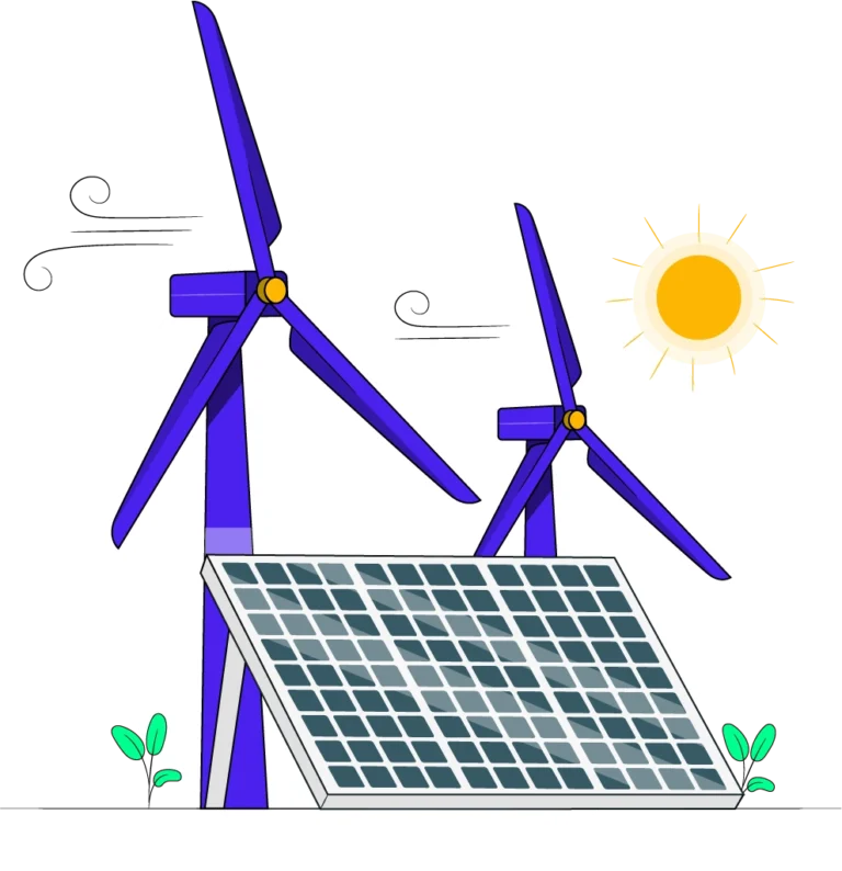 Illustration of wind turbines and solar panels against a clear blue sky