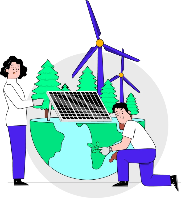 Two individuals installing solar panel on globe